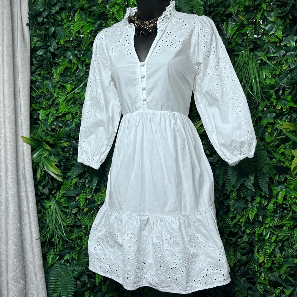 Biltmore Dress Small White Eyelet Cotton‎ Tiered Ruffle Neck Balloon Sleeve 4007